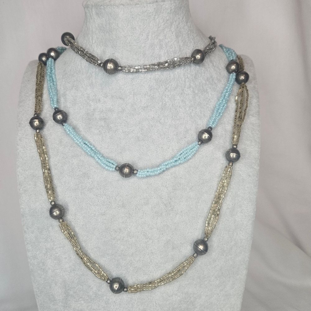 Vintage Pastel Blue Silver Glass Beaded Three Strand Necklace NWT 33" 1980s